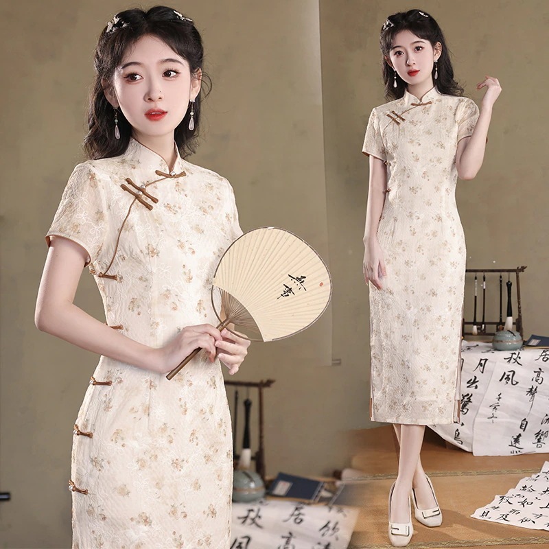 2024春夏改良チャイナドレスミドル丈スタイル日常ヤングスタイル女性用刺繍チャイナドレス