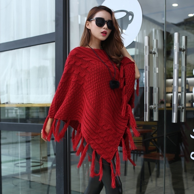 編地切替え アンバランスヘム オーバーサイズ ニットポンチョ トップス ケープ プルオーバー 膝上 ミディアム丈 九分袖 長袖 Aライン ニット 切り替えデザイン 裾フリンジ かわいい 大人可愛い