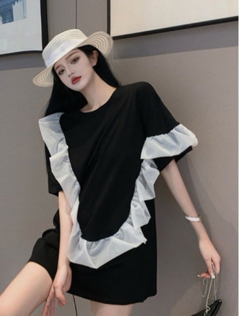 ワンピース レトロ 半袖 ルーズ 無地 ラウンドネック フリル 夏 通勤 Tシャツ ミディアム丈 春 トップス スカート シャツ プルオーバー 袖あり 半袖 襟なし 切り替えデザイン 綿 ポリエステル