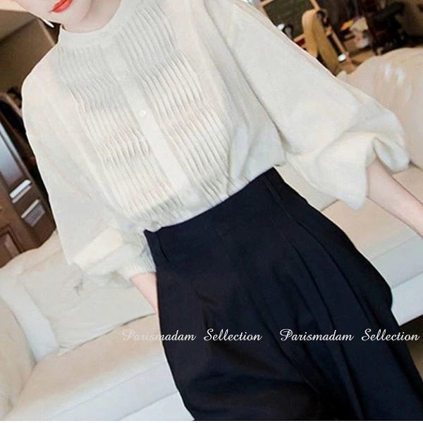 再入荷品ピンタック長袖ブラウス　シャツ　パフスリーブ　しわ加工　前開き　スタンドカラー大きいサイズ有りSからXXLクリックポストで