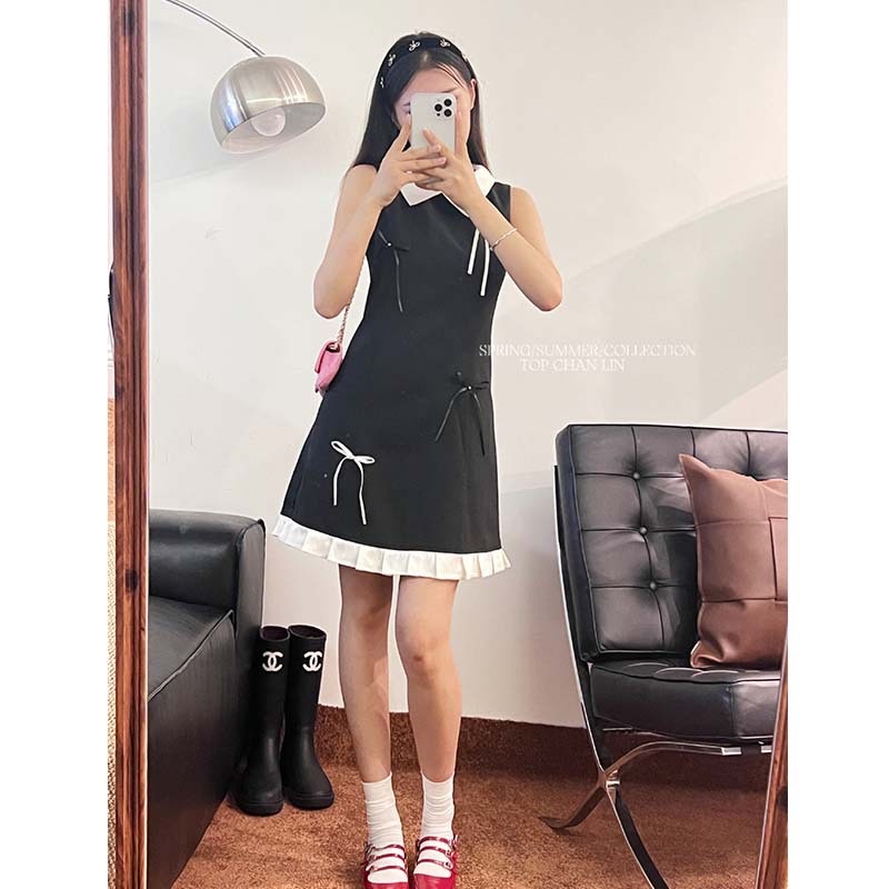 Topchanlin2024 女性用スモールラペルリボン菌レースノースリーブドレス