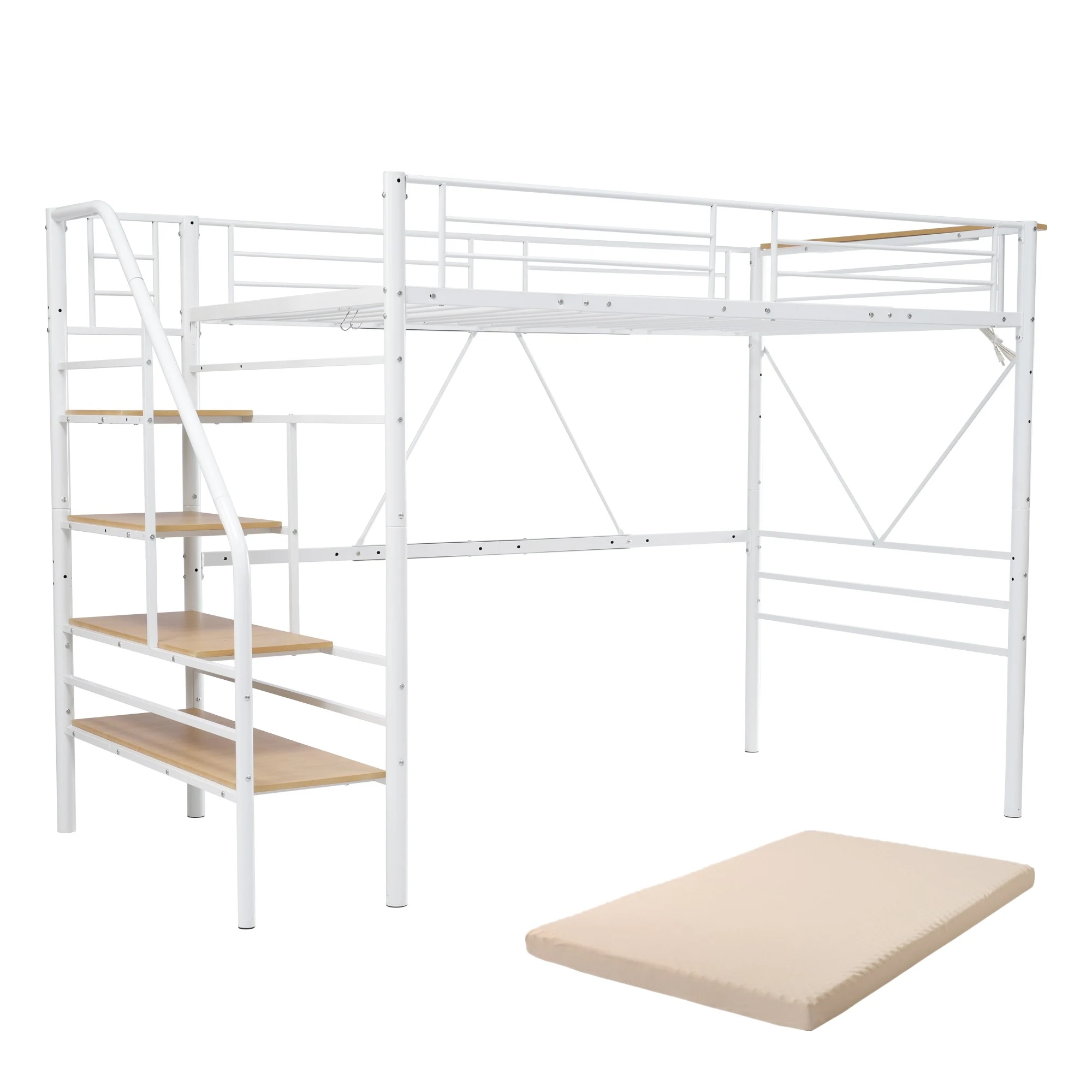 【急速出荷!】【10cm厚さベージュマットレス付き】ロフトベッド 階段付き S パイプベッド シングル コンセント付き 収納 スチール 耐震 ベッド シングル パイプベッド パイプ