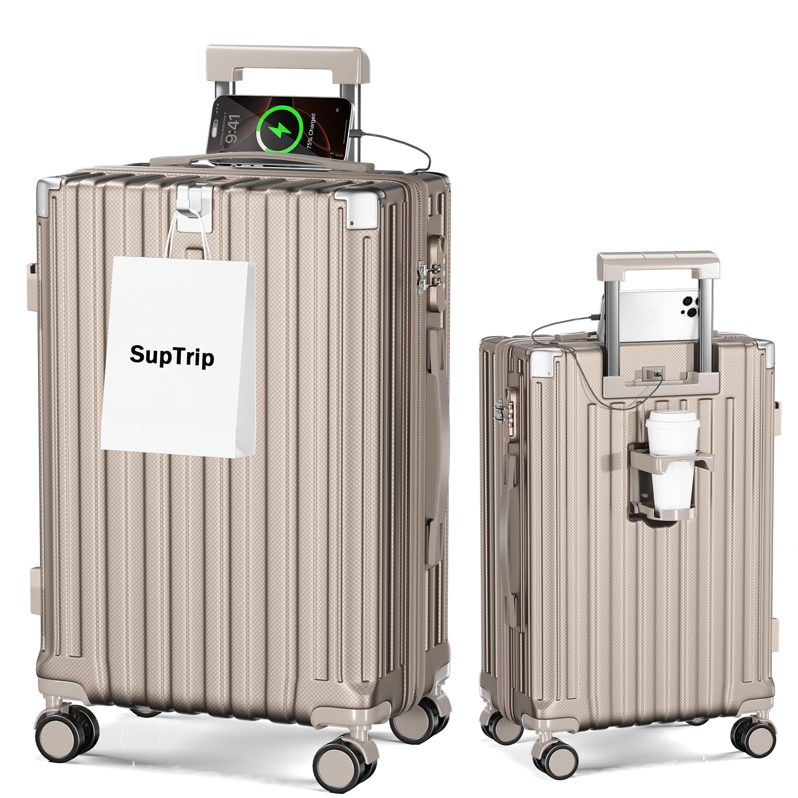 [SupTrip] スーツケース 機内持ち込み 多機能 キャリーケース 大型 超軽量 キャリーバッグ 耐衝撃 USBポート付き カップホルダー付き 充電機能 荷物フック 隠しフック機能 静音 ダブルキ
