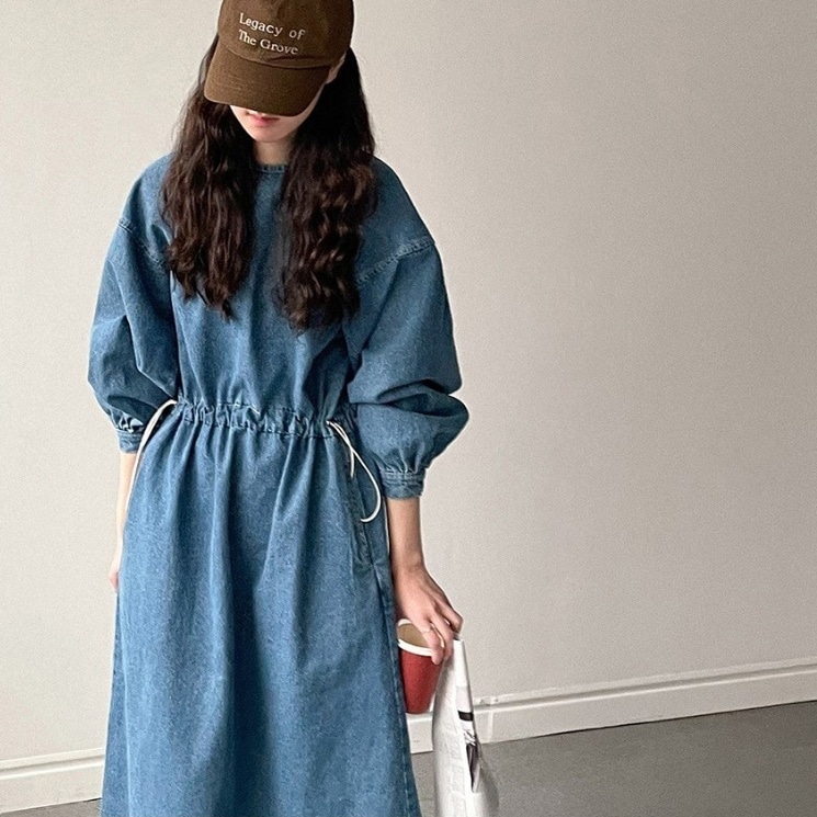 ワンピース ロングワンピース デニムワンピース 長袖 クルーネック ポケット ウエストマーク デニム かわいい 大人可愛い きれいめ シンプル カジュアル 上品 おしゃれ かっこいい 大人女子