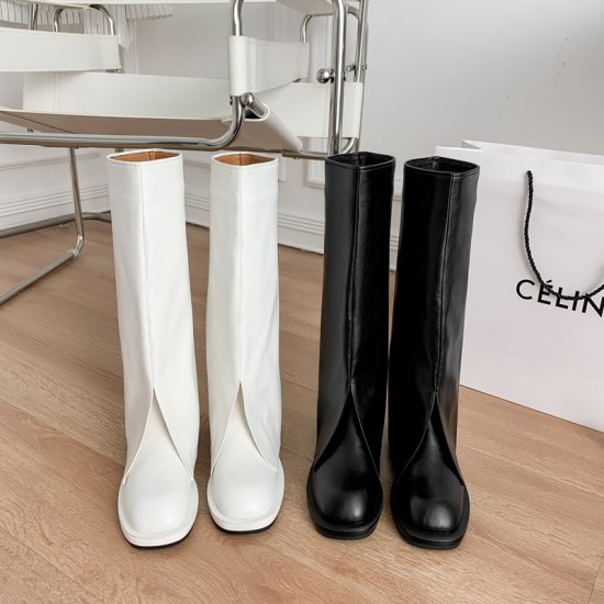 【取寄：納期2週間】ロングブーツ スリット カッティング 個性的 ゆったり ルーズフィット 黒 ブラック 白 オフホワイト 4cmヒール レディース カバーブーツ ボリューム 折り返し