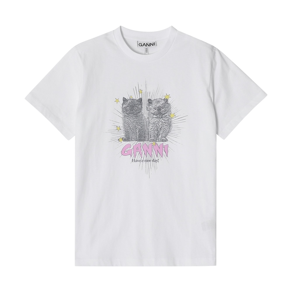 GANNI T4060 151 キャットロゴプリントレディースショートスリーブ T シャツ