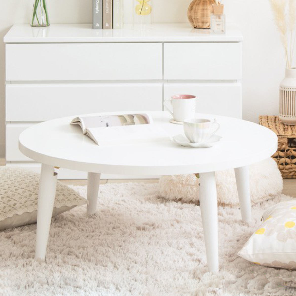 ローテーブル 幅80cm 折りたたみ 丸 ホワイト リビングテーブル センターテーブル 円形 丸テーブル 完成品 白 北欧風 おしゃれ