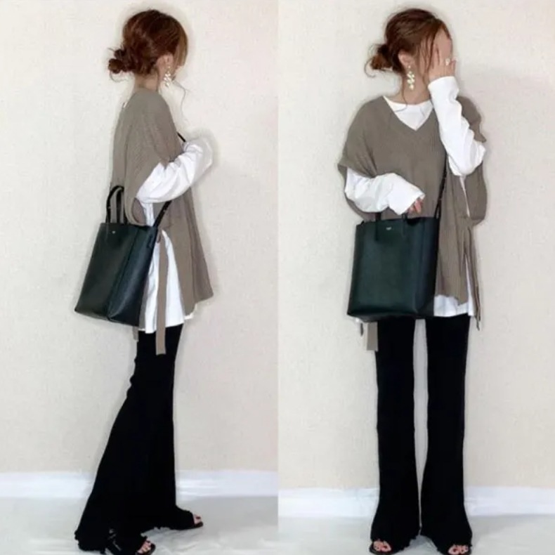 【おしゃれ度アップ】 ラウンドネック Tシャツ＋ Vネック ベスト ニットセーター レディース