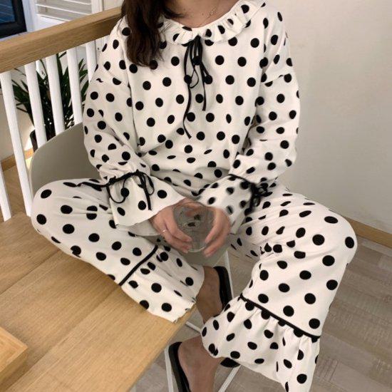 ルームウェア パジャマ セットアップ ドット柄 上下セット 長袖 フリル リボン 韓国 ファッション おしゃれ 2点セット ナイトウエア 寝間着 部屋着 楽ちん フリーサイズ お泊まり 旅行 プレゼン 5,213円