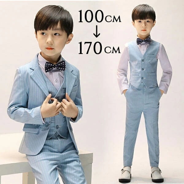 超人気,高評価!!キッズ スーツ 子供 ボーイ 男の子 男児 水色 ライトブルー 卒業式 入学式 入園式 ストライプ おしゃれ 長袖 5点セット ジャケット ベスト フォーマル 蝶ネクタイ シャツ付き