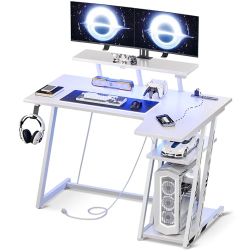 L字型 ゲーミングPCデスク LEDライト 炭素繊維 モニター台 フック コンセント付き ホワイト