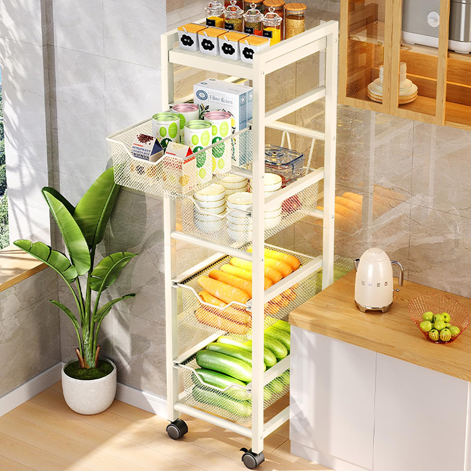 キッチンワゴン 隙間収納 キャスター付き 25cm 隙間ラック スリム 収納カート バスケットラック 移動式 組立簡単 小物 調味料 洗面所 冷蔵庫横 すき間ワゴン 台所 整理棚 (5段 引き出し式