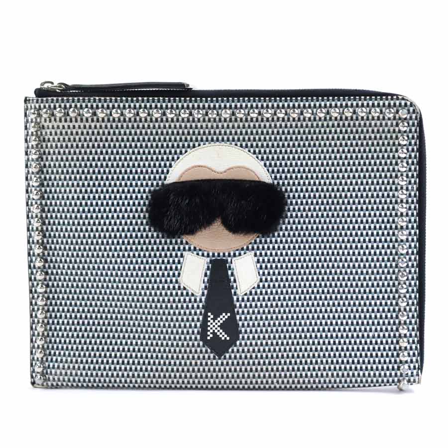 フェンディ FENDI クラッチバッグ レザー/メタル/ファー ブラック×ホワイト×グレー ユニセックス 8M0370-OYF r9913f