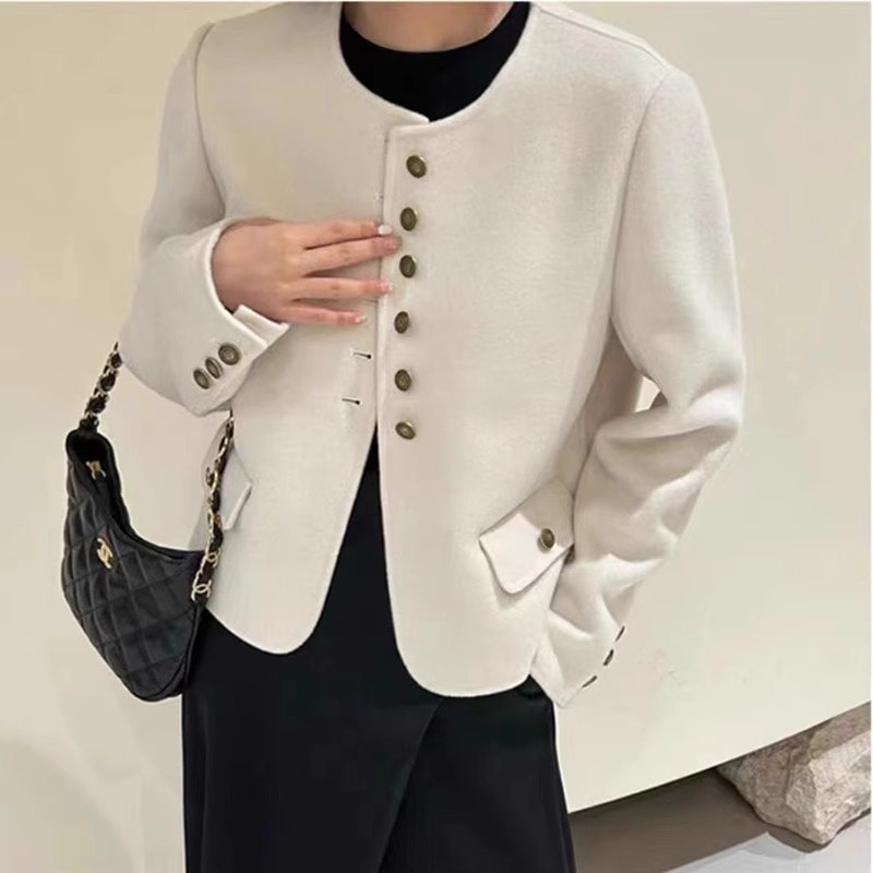 ラウンドネックシャネル風ダブルフェイスウールコートシングルブレストストレートショルダーHラインシルエットショート丈プチ丈韓国風ウールアウター秋冬