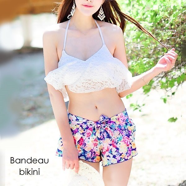 レディース水着 バンドゥ ビキニ フリル レース 3点セット 花柄 上下柄違い 夏 ホワイト