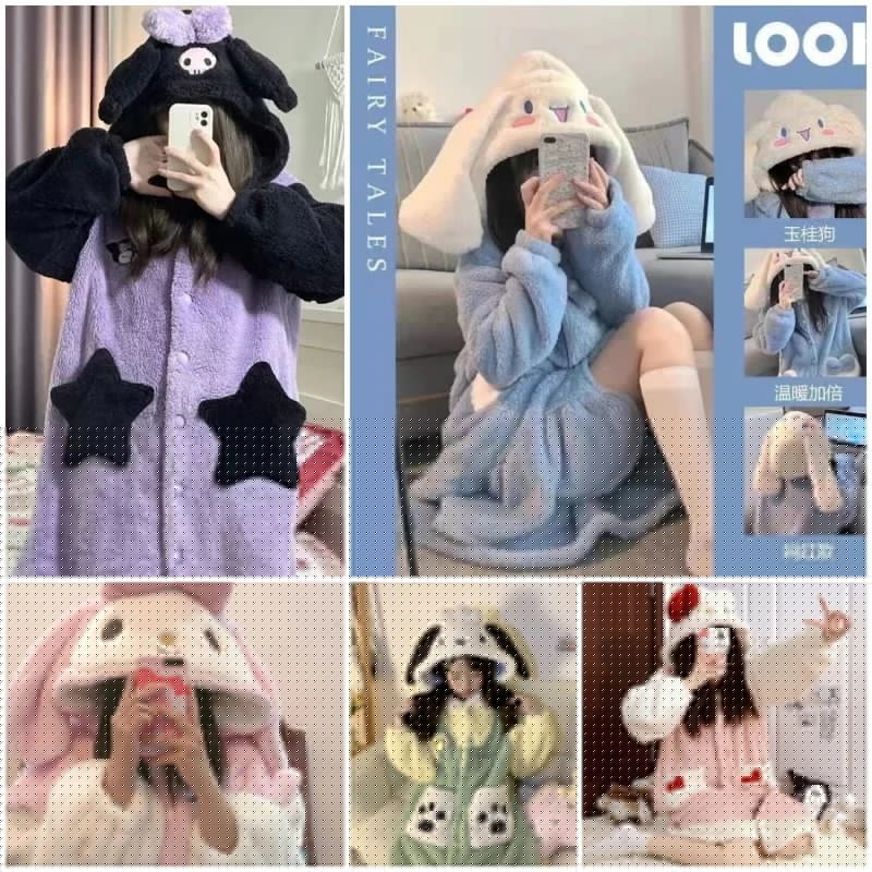 【10点セット】ルームウエア パジャマ ハローキティ クロミ マイメロディ シナモンロール 着ぐるみ もこもこ フード付き 上下セット セットアップ 可愛い 秋冬