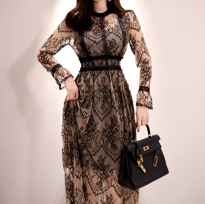 パーティードレス レディース ドレス S M L XL 韓国 衣装 ワンピース 二次会 ロングドレス フォーマルドレス ワンピースドレス ワンピドレス ロング丈 長袖 レース シースルー フォーマル