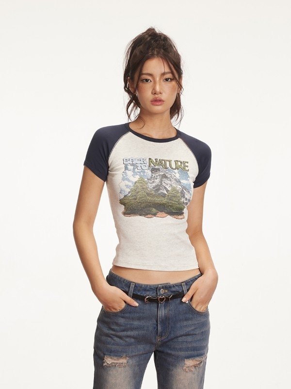 Ariseism アメリカンレトロホットガールラグランスリム半袖Tシャツレディース2025年夏新作タイトショートトップ