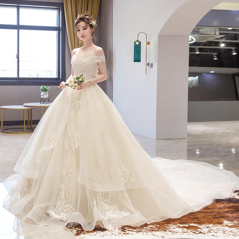 ウェディングドレス シャンパン オフホワイト オフショルダー 二次会 結婚式 披露宴 ブライダル ロングドレス 花嫁 ウエディングドレス プリンセスライン 刺繍