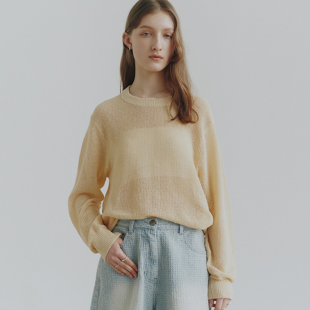 【NOIER 】 COTTON-NET LOOSE-FIT KNIT : PALEYELLOW
