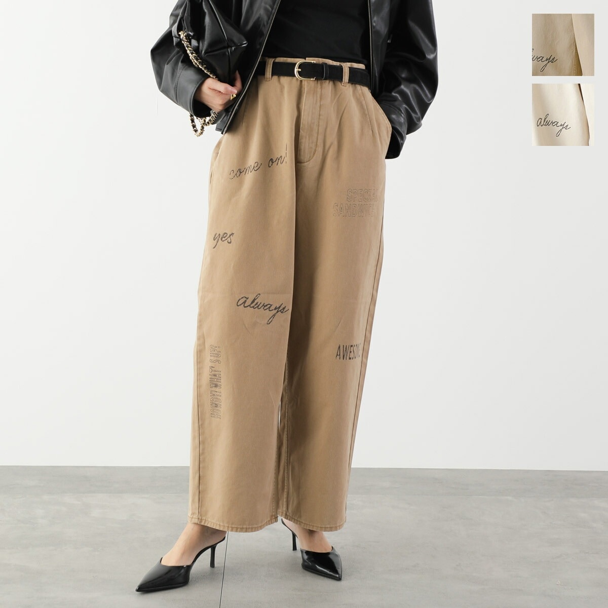 Le Melange ル・メランジュ チノパンツ 8523507 レディース コットンツイル ワイド レタリング グラフィック プリント ワークパンツ カラー3色 【ts】