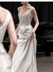 白いイブニングドレス2024新型女性宴会ライトウェディングドレスロング丈-39