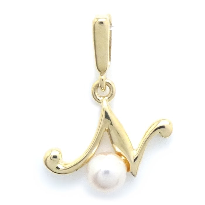 イニシャル ペンダントトップ N ベビーパール3.5ミリ 真珠 K18YG イエローゴールド /293086【中古】