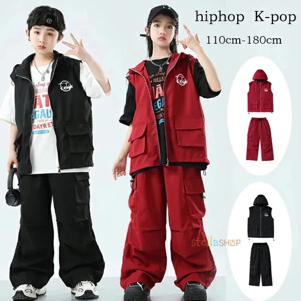 2026年初の販促ダンス衣装 キッズ セットアップ 男女兼用 団体服 応援団 hiphop 練習着 jazz ダンス発表会 女の子 男の子 ベスト+パンツ ジャズ服 ダンス服 フード付きベスト カーゴ