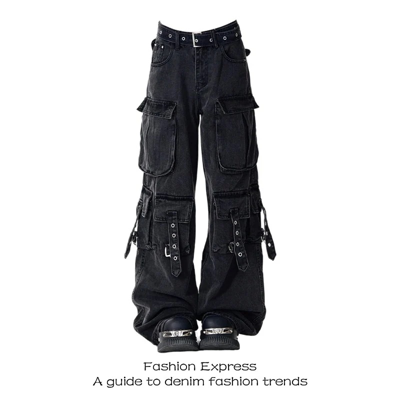 アメリカンバイブマルチポケットブラックワークジーンズ女性用24新作ハイウエストルーズワイドレッグフロアモップパンツ