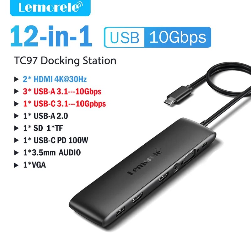 マウスUSB-Cハブ10ポートドッキングステーションUSBType-CからデュアルHDMI 4k 30hz vga usb 3.0アダプターpd100w macbook 12-in-1 USB 3.1
