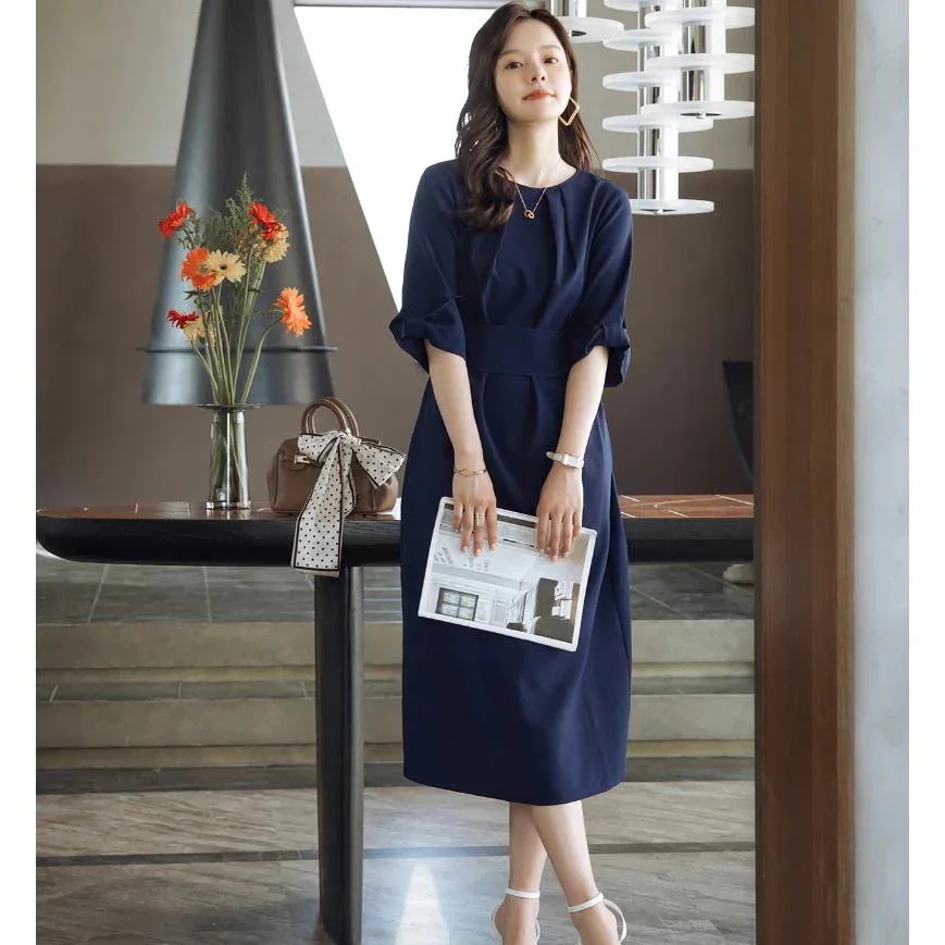 ワンピース 40代 ミモレ丈ワンピース お呼ばれ 紺 グレー Aラインワンピース 半袖 通勤 L ロングワンピース ベージュ