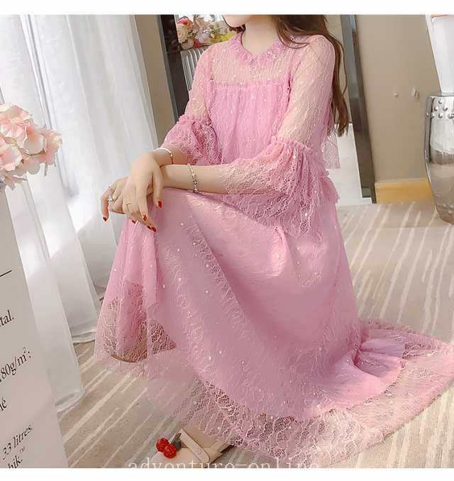 【2025新作入荷】ワンピース レース 七分袖 フレア トランペットスリーブ フェミニン ドレス 春 夏 かわいい ホワイト ピンク 大きいサイズ 2