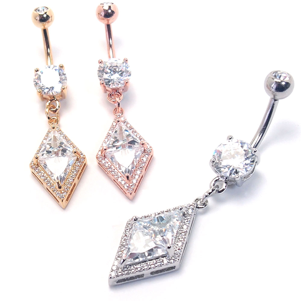 ヘソピアス 14G CZ ビッグダイヤ ダブルティア バナナバーベル ボディピアス