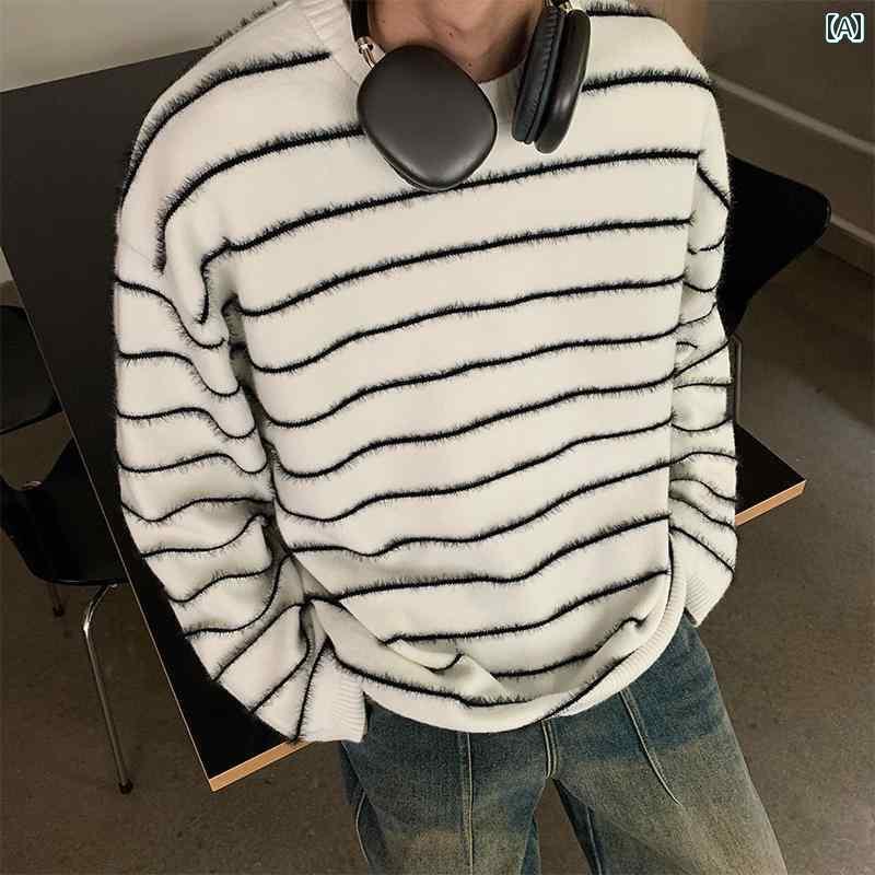 メンズ 秋冬 ストライプ カップル セーター 韓国 対照的 ラウンドネック 服