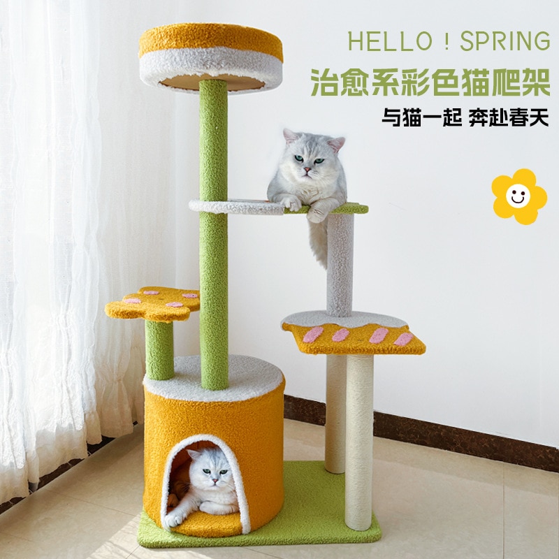 猫クライミングフレームと猫の巣が一体化したオールシーズン対応の大きな猫ツリーサイザル麻猫爪とぎポストカラフルな猫ジャンプ台大きな太った猫猫フレーム