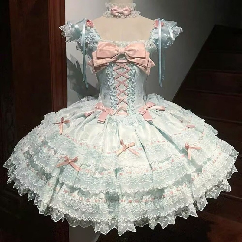 甘めロリータリボンのスクエアネックワンピース夏の新作減齢着ボサボサプリンセススカート