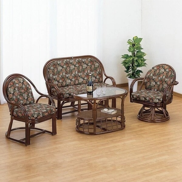 籐 アームチェア回転座椅子ソファテーブル リビング4点セット ラタン家具 リビングテーブルセット チェア ソファ 完成品 籐家具 ラブソファー センターテーブル ラブチェア 椅子 アジアン
