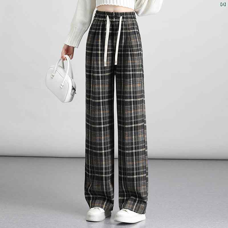 レディース　ファッション　オシャレ　シンプル メイラード レトロ 起毛 チェック柄 カジュアル パンツ 秋冬 巾着 足 モップ