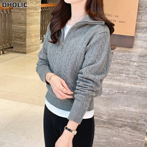 長袖ハーフネックルーズケーブルニット・1955035