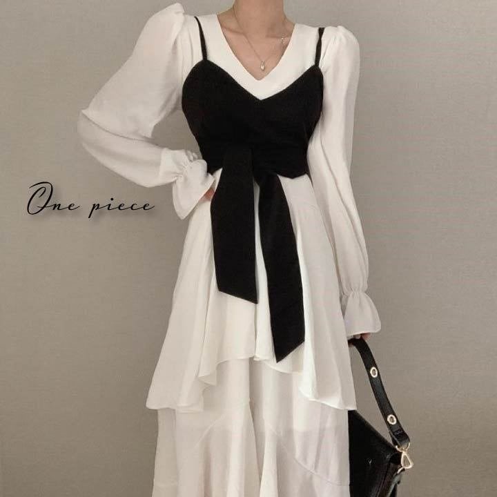 ワンピース アシメワンピ ビスチェ ベスト付ブラウス ドッキング マキシ丈 アシンメトリー キレイ目 腰リボン前後2WAY 重ね着風 春夏 秋冬【メール便】 バレンタイン 2025 プレゼント