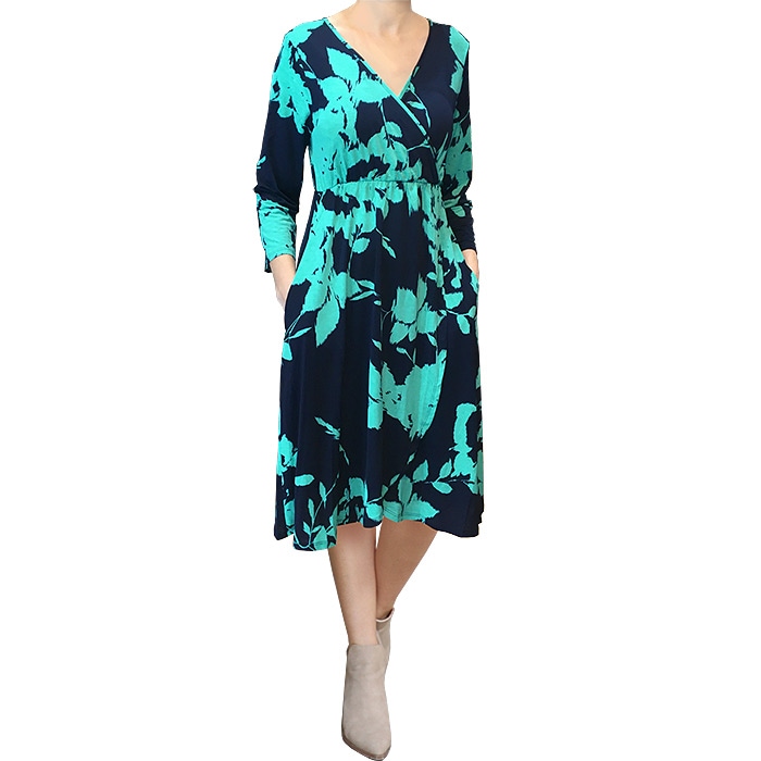 ワンピース 膝丈 7分袖 Vネック ハイウエスト カシュクール ラップ ポケット付 抽象ボタニカル柄 S.M.L ミントダークネイビー FROM USA SP241118LA049