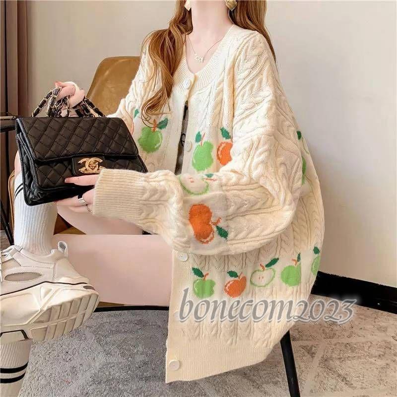 秋冬 ニットカーディガン レディース ニット カーディガン ニット アウター ボア 長袖 vネック 秋冬 大きサイズ セーターカーディガン リンゴ ストレートカーデ