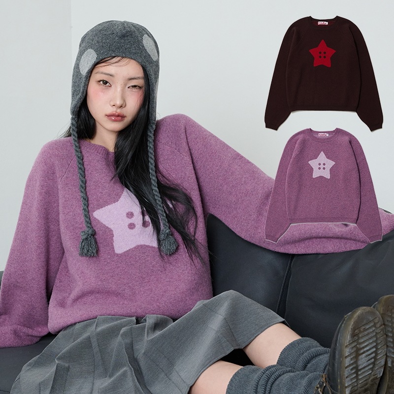 STAR BUTTON KNIT - BROWN, PINK