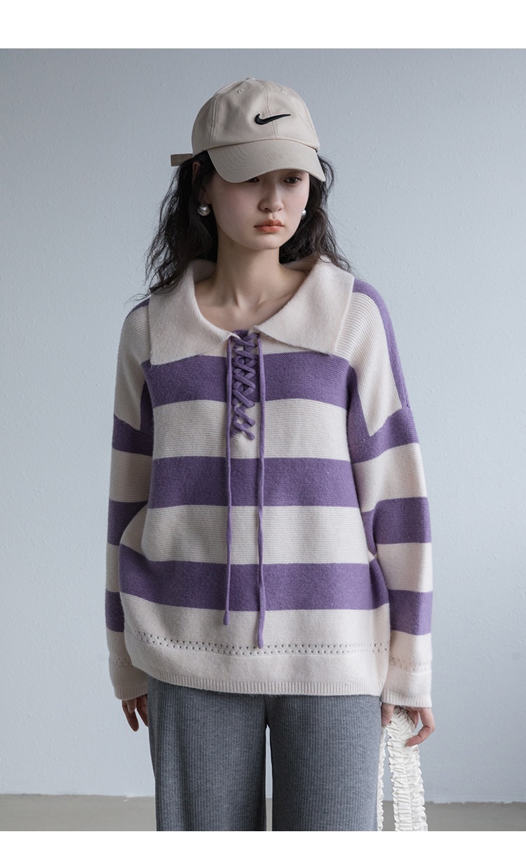 カジュアル ストラップ ポロ襟 ストライプ セーター 女性 ゆるい 秋 冬 オールマッチ ニット トップ ブラウン パープル フリーサイズ トップス 袖あり かわいい 大人可愛い きれいめ シンプル