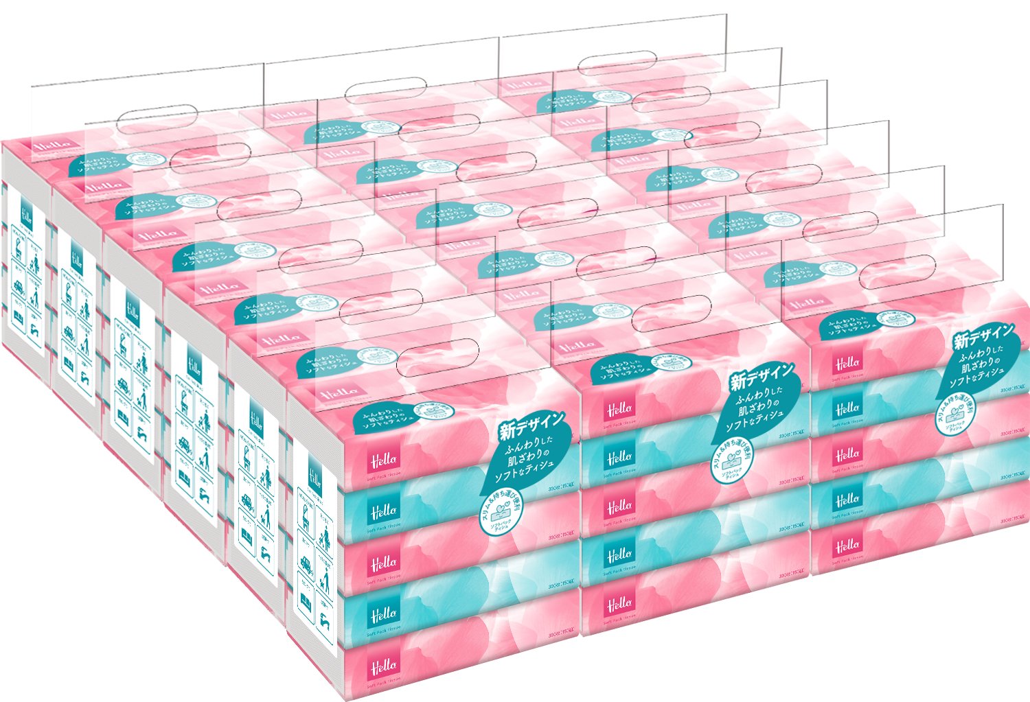 【箱売り】ハロー ソフトパックティッシュ 2枚組 150組 5個1パック x 18パック入 8249