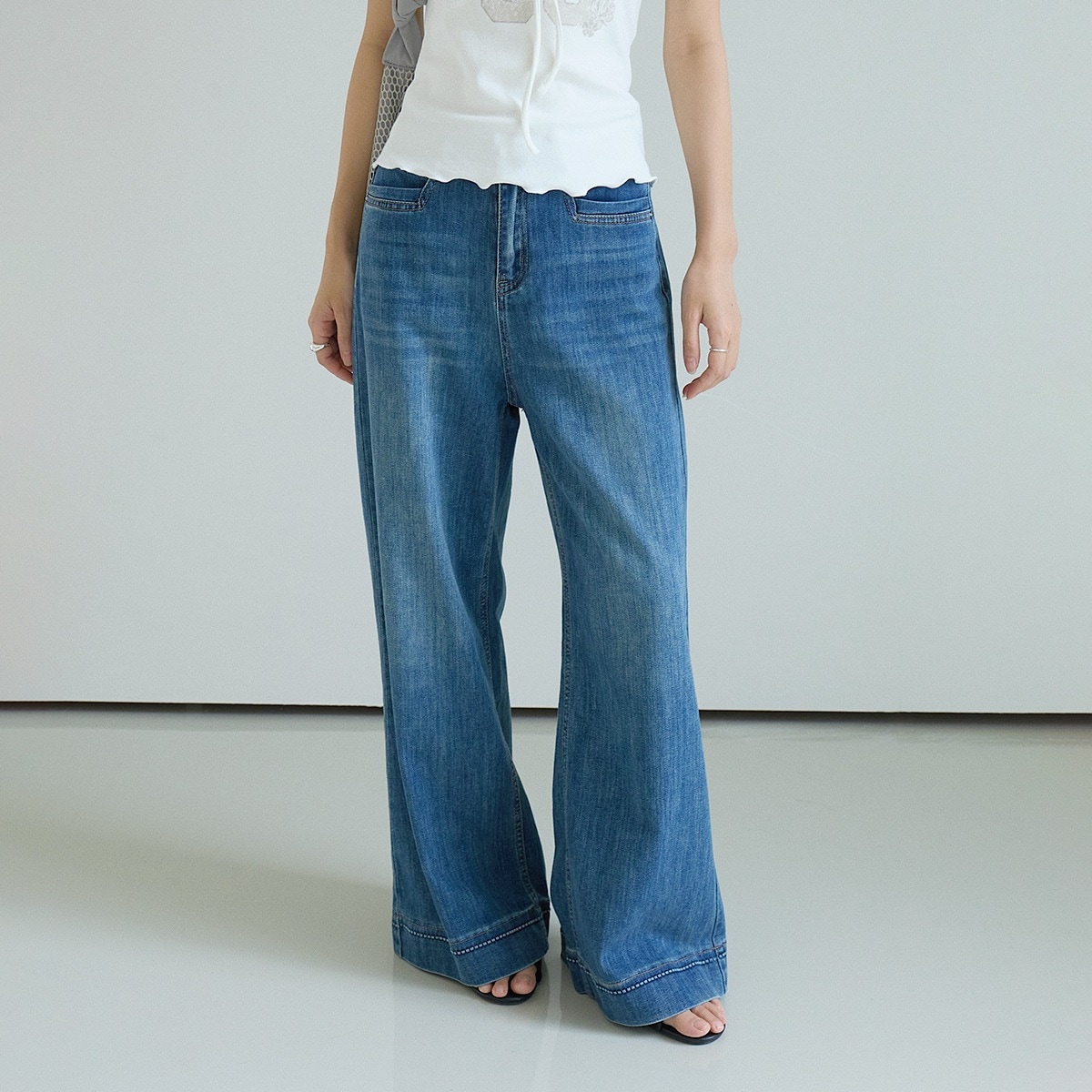 3日出荷 レトロブルー ハイウエスト ストレート デニムパンツ レディース 夏 ゆったり シルエット美しい ワイドパンツ