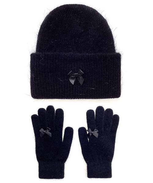Ribbon Angora Beanie Gloves [Black Ribbon]