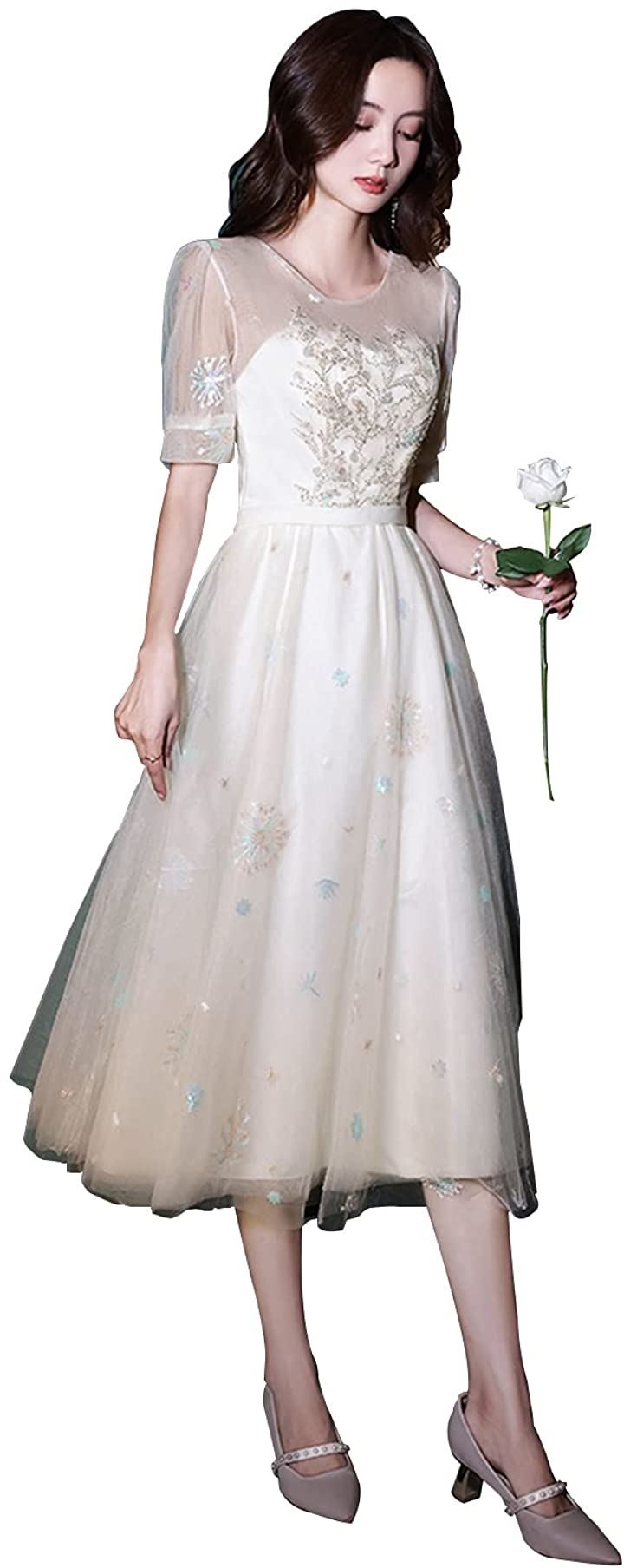 ミモレ丈 パーティードレス 細身 ウエディングドレス 綺麗 かわいいし 結婚式 編み上げ ワンピース 姫系ドレス 手作り 刺繍 スパンコール装飾( ホワイト, M)