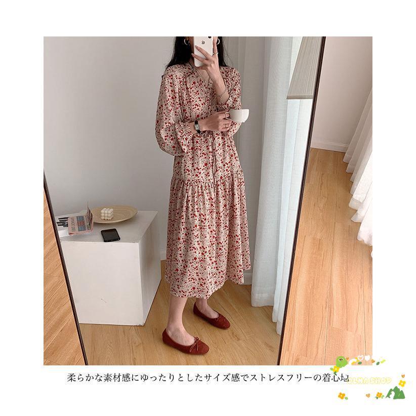 シフォンワンピース レディース ギャザーワンピース Aライン シフォン 長袖ワンピース Vネック 花柄 レトロ 春 ロングワンピ 秋 Aラインワンピース