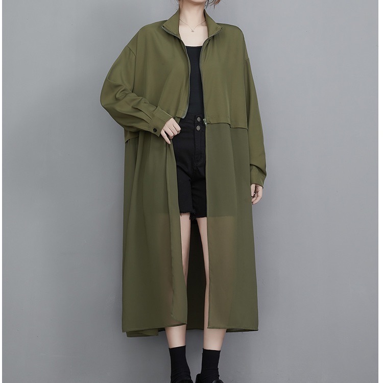 ロング シャツ 上着 トップス ロング ロング丈 長袖 ファスナー 透け感 かわいい 可愛い きれいめ シンプル カジュアル おしゃれ お洒落 かっこいい 可愛い 女子 こなれ感